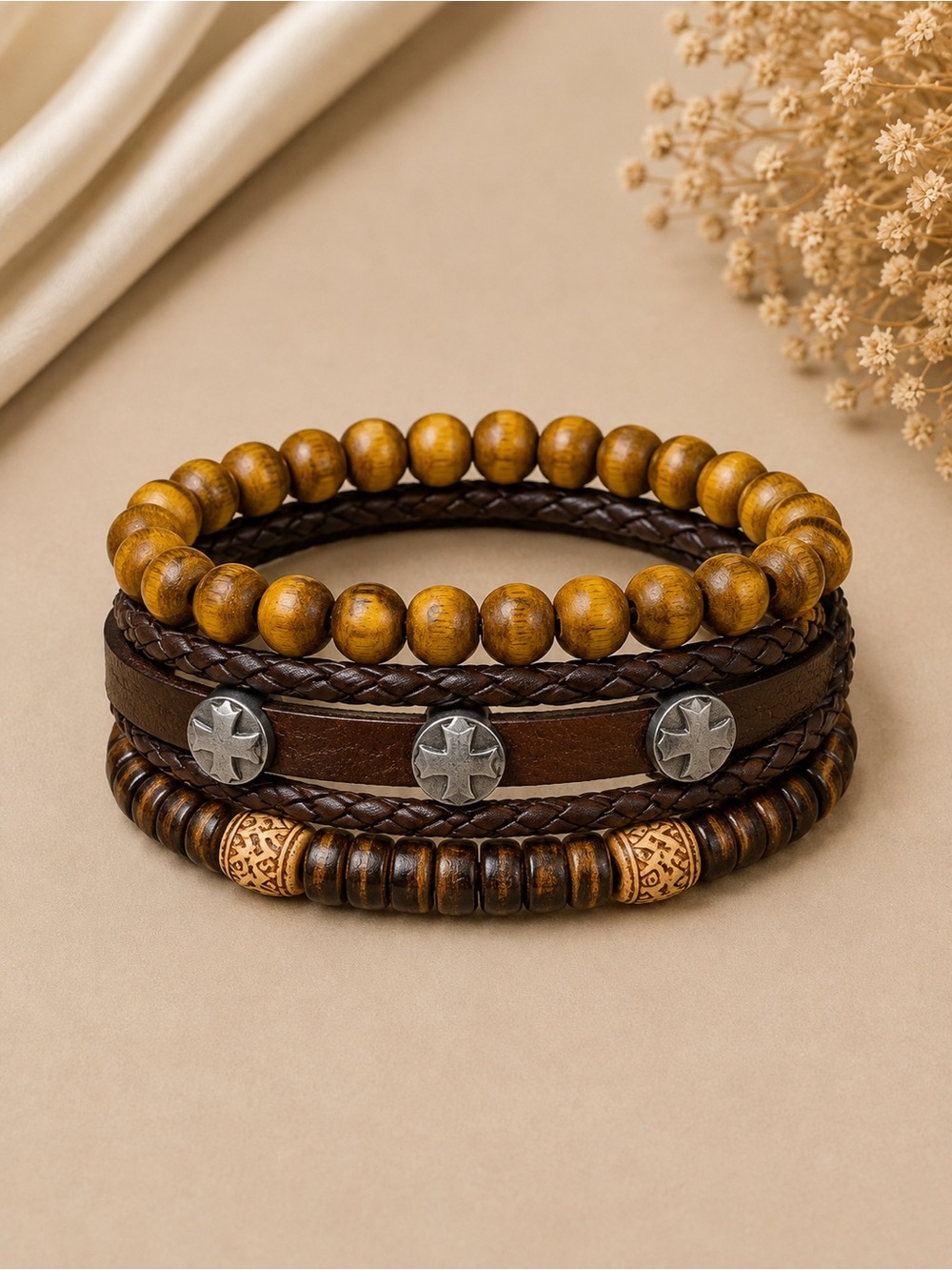 Brown Wooden Bead & Braided Leather Bracelet Stack
